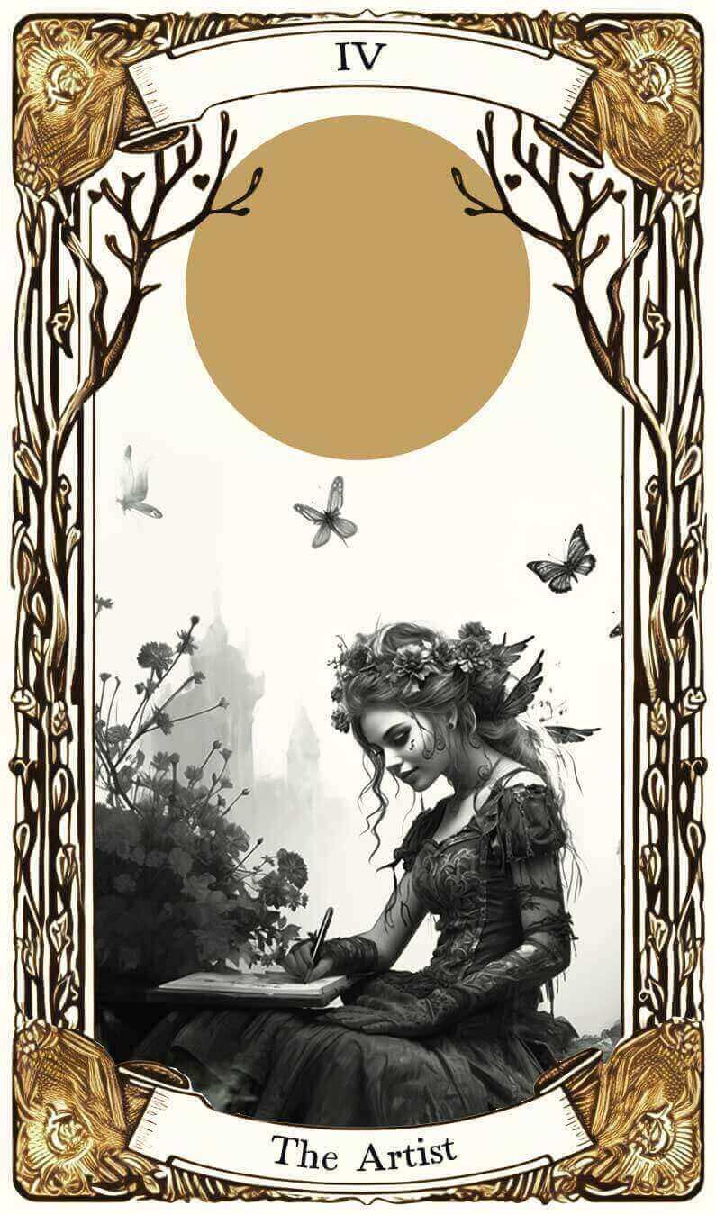 The front of an etch style illustrated tarot card displaying an artist hard at work at their desk. A decorative frame with trees and branches surrounds the scene, inked in black with golden highlights.