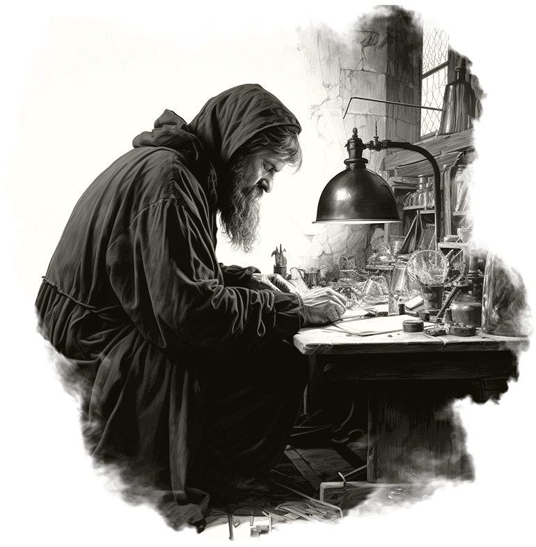 alchemist-desk 5 An etched detailed black and white illustration of a cloaked alchemist hard at work at his desk, pen in hand, creating research documentation. Mysterious bottles and research equipment surrounds him.