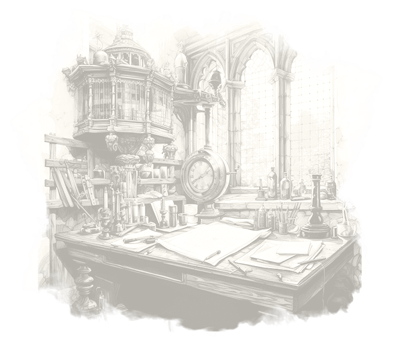 An etched detailed black and white illustration of an architects' desk, scattered with various architecture instruments, a clock, a cabinet filled with books, and numerous sketching papers.