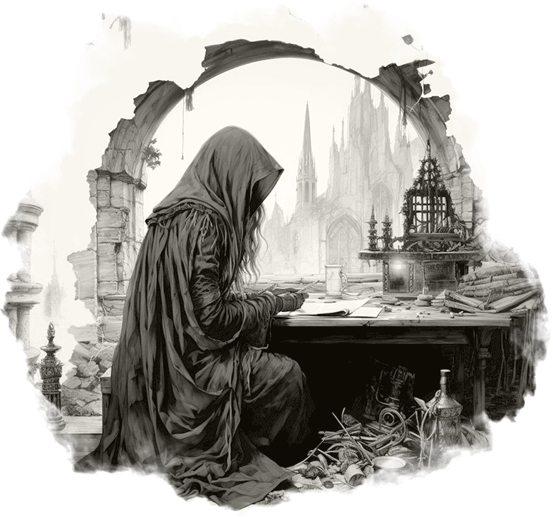 architect An etched illustration of a cloaked figure witting at an architects desk. Small models of structures and various papers surround the figure, as they sit hard at work.
