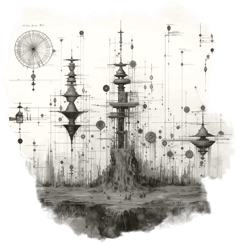 architect-towers An architects illustration of various structures, some hovering, others firmly rooted to the ground. Each one has complicated facets and multi-level layering, with illegible annotations and symbols.