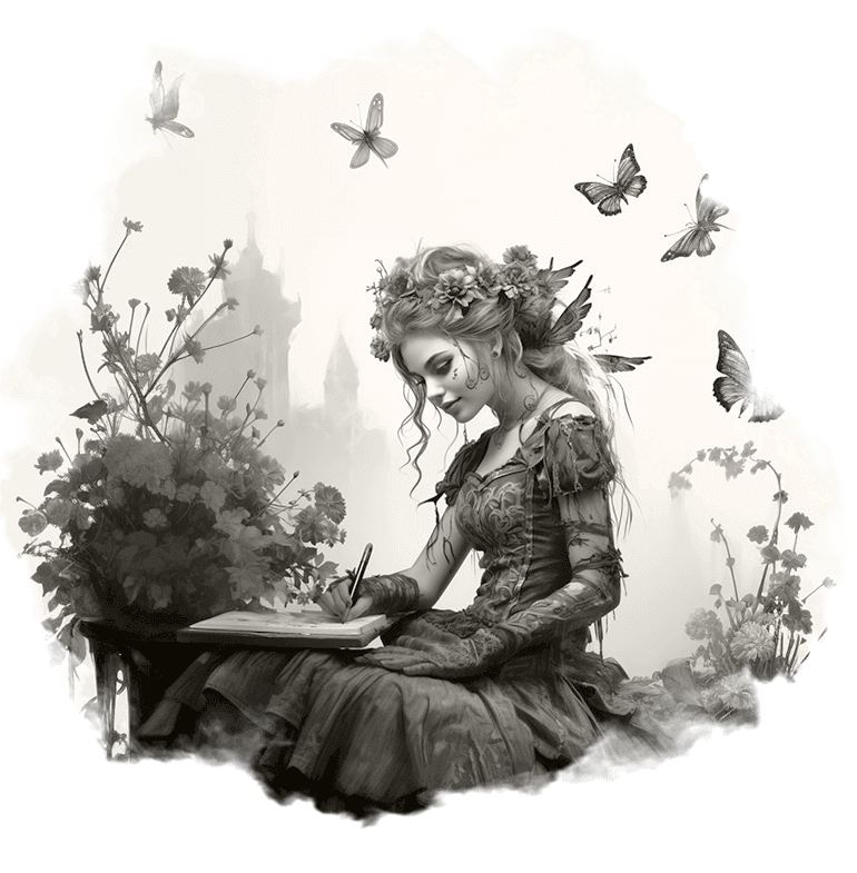 artist Etched illustration of a smiling artist sitting with a pen in her hand and an open sketchbook, surrounded by flowers while butterflies flap all around her.