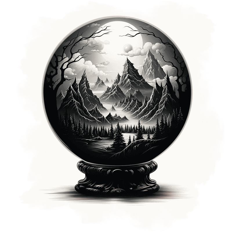 crystal ball An etched detailed black and white illustration of a crystal ball, filled with a mysterious scene of mountains, pine trees, and a large full moon.