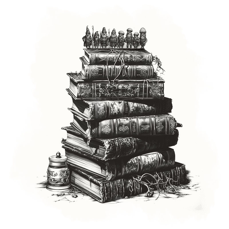 data-people An etched detailed black and white illustration of tiny users standing on a large stack of books.