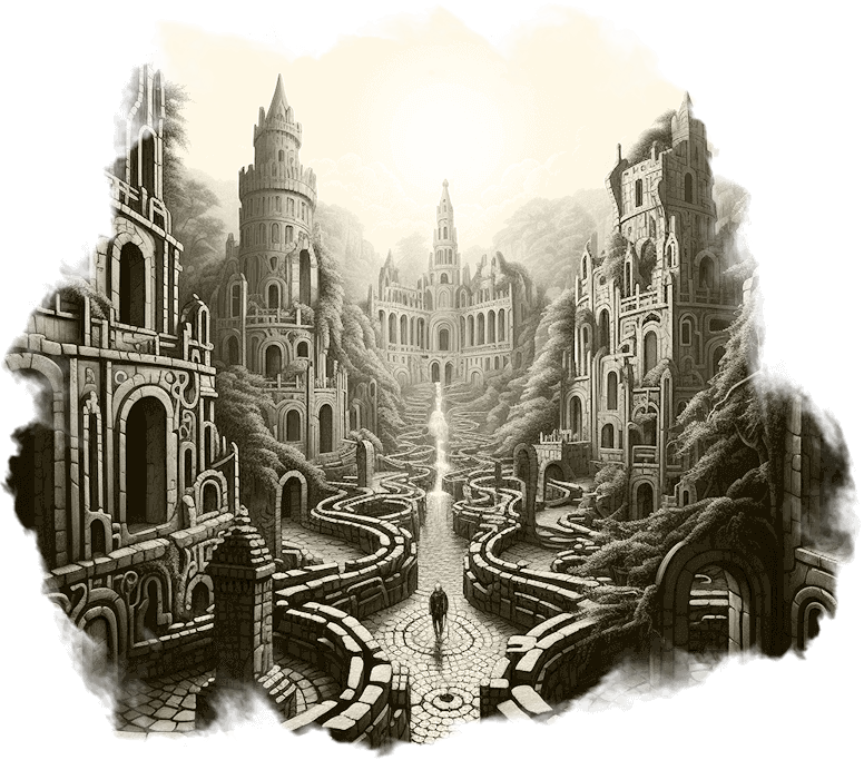 labyrinth An etched illustration of a man walking through the labyrinth of an ancient walled city, with tall arched windows, high towers, and a large important structure in the distance.