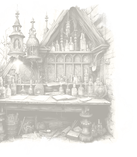 An etched detailed black and white illustration of an artists' desk, packed with bottles of ink, paints, and papers.