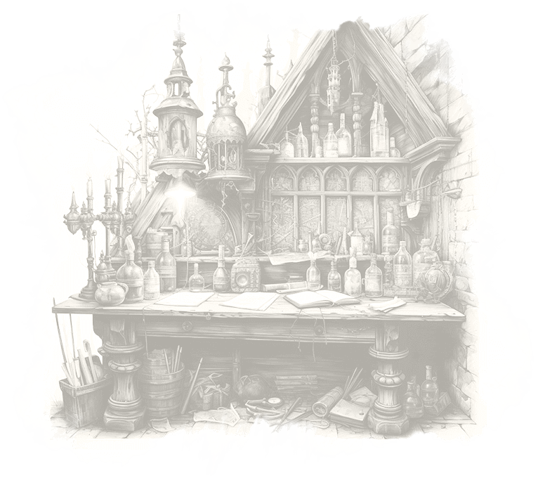 An etched detailed black and white illustration of an artists' desk, packed with bottles of ink, paints, and papers.