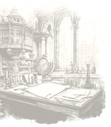 An etched detailed black and white illustration of an architects' desk, scattered with various architecture instruments, a clock, a cabinet filled with books, and numerous sketching papers.