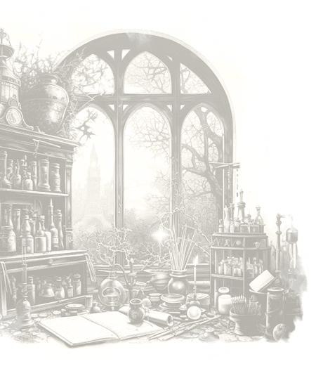 An etched detailed black and white illustration of an alchemists desk, sitting in front of a large arched window overlooking a garden,. a church steeple off in the distance. The desk is brimming with books, potions, and research utensils.