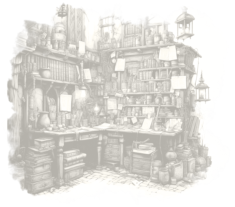 An etched detailed black and white illustration of an architects' desk, with a highly organised bookcase filled with papers, and various notes attached to the shelves.